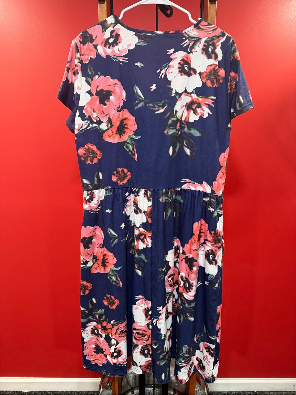 OUGES Floral V Neck Dress Navy Blue Pink Coral Short Sleeve NWT XXL - Picture 10 of 11